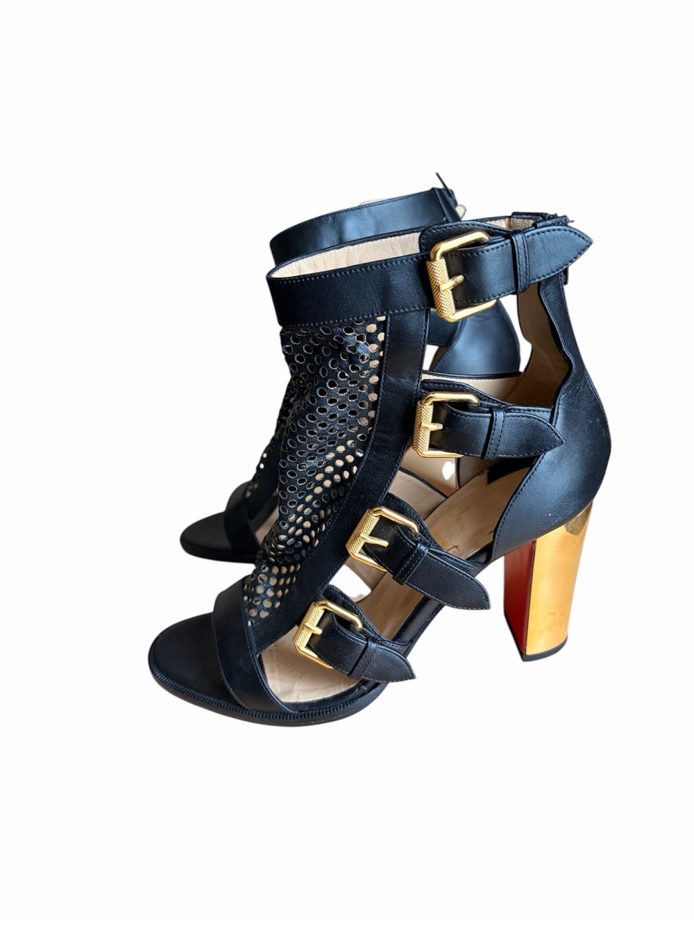 Christian Louboutin Fencing Black & Gold Perforated Leather High Heel Sandals - Picture 2 of 8